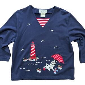 VTG MANDAL BAY Embroidered Beach Scene Nautical Shirt  Lighthouse Birds  SZ M